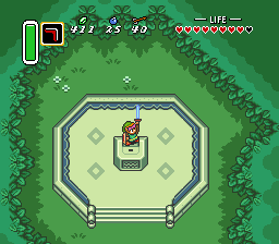 Link pulling the Master Sword in The Legend of Zelda: A Link to the Past